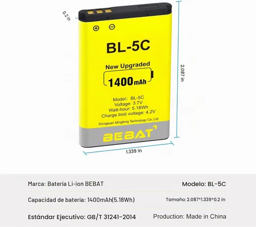 Vista 3 de Batería BL-5C (2 unidades), batería recargable BL-5C de 3.7 V, 1400 mAh, adecuada para radio doméstica, Nokia con protección actual