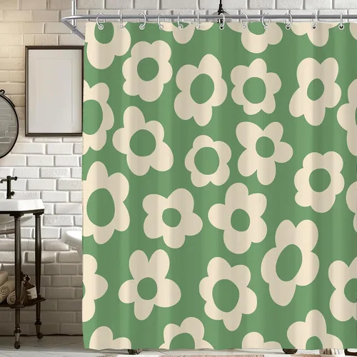 Vista 26 de Cortina de ducha pequeña para casa rodante, tamaño medio, estilo retro de los 70, con flores bonitas, estética abstracta de margaritas, decorativa