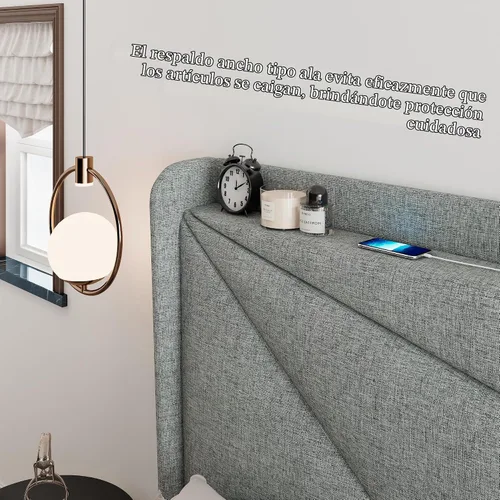Vista 5 de Feonase Marco de cama King, marco de cama tapizado con puertos tipo C y USB, estante con respaldo de alas, soporte de listones de madera maciza,
