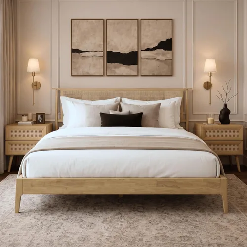 Vista 6 de NTC Marco de Cama de Madera Ruby con Cabecero y Ratán Natural, Base de Madera Sólida de Roble/Caucho con Listones Silenciosos, Capacidad de 1000