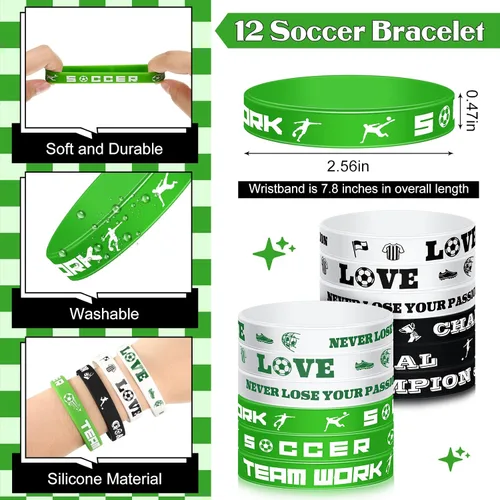 Vista 5 de 48 piezas de suministros de fiesta de fútbol, 12 pulseras de silicona de fútbol, 12 bolsas de regalo con cordón de fútbol, 12 mini pelotas de estrés
