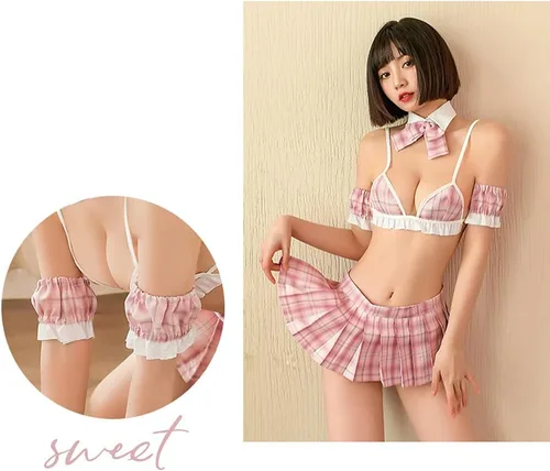 Vista 3 de Sexy Anime Cosplay Japonés Colegiala Uniforme Bikini Ropa Interior con Falda Plisada Cosplay lencería
