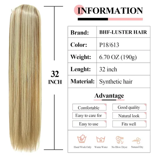 Vista 2 de BHF Extensiones de cola de caballo orgánicas de 32 pulgadas + 30 pulgadas, con cordón negro, extensiones de cabello extralargas con clip para mujer