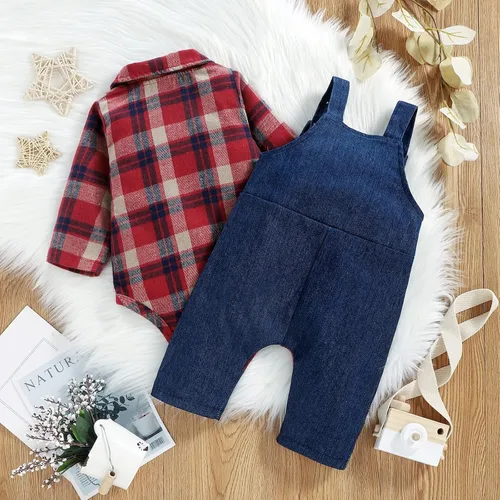 Vista 3 de ODASIRA Ropa de bebé niño, trajes de bebé, overol de manga larga a cuadros + overol de jeans, conjunto de pantalones