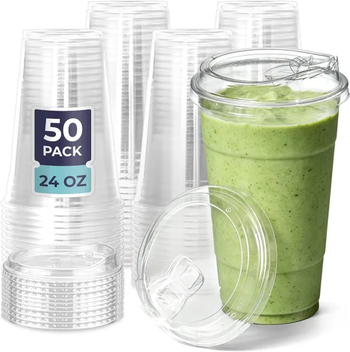 Vista 23 de Fit Meal Prep Paquete de 50 vasos de plástico transparente de 12 onzas con tapas sin pajilla, tazas de café de plástico desechables con tapas, tazas