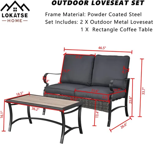 Vista 2 de LOKATSE HOME Juego de 2 sofás de dos plazas para exteriores con mesa de centro rectangular