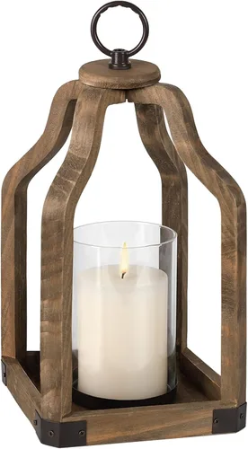 Vista 8 de Portavelas de linterna de madera rústica para decoración de granja - Centro de mesa para interiores y exteriores con linterna de vidrio, 15.7