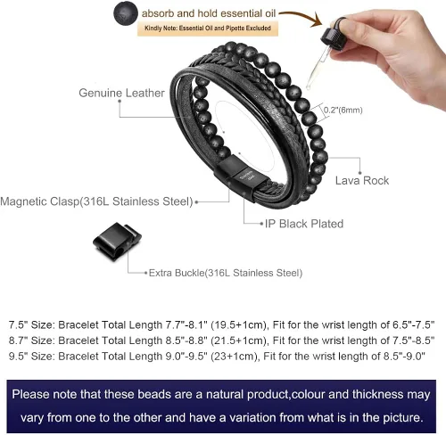 Vista 2 de Speroto - Pulsera para hombre de cuero trenzado con cuentas de lava y ónix