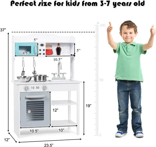 Vista 7 de Costzon Juego de cocina para niños, cocina de madera con fregadero, horno, microondas, estufa, ollas, utensilios, juego de cocina con estante