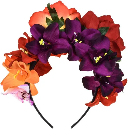 Vista 2 de DreamLily Frida Kahlo NC27 - Diadema con corona de flores mexicanas Dia de Los Muertos Rojo anaranjado