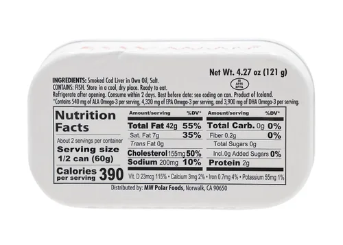 Vista 2 de MW Polar Hígado de bacalao ahumado en aceite, 4.27 onzas, capturado en la naturaleza, rico en omega-3, listo para comer, mariscos de alta calidad