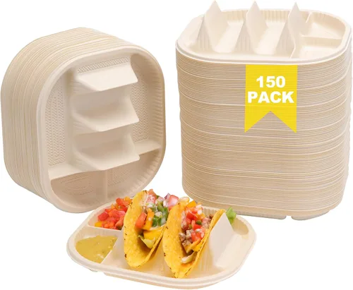 Vista 13 de Platos pequeños desechables para tacos con lados para mojar - Paquete de 100, porta tacos de almidón de maíz biodegradable, tamaño mini