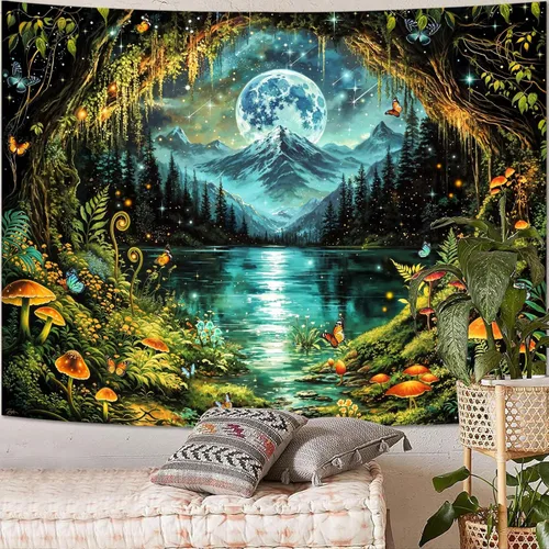 Vista 23 de Kanuyee Tapiz de bosque verde, tapiz de paisaje para pared, tapices de naturaleza para techo y pared, colgante para dormitorio, sala de estar