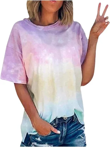 Vista 4 de Tie-Dye Camisas Mujer Fashio Camiseta Manga Corta Tops Cuello Redondo Camiseta suelta Túnica Esconder el vientre básico