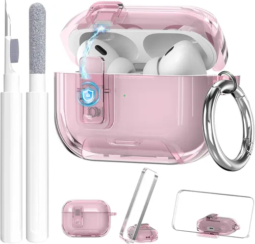 Vista 27 de Compatible con Airpods Pro 3 Funda transparente con bloqueo para teléfono, suave TPU magnético bloqueo automático Apple AirPods Pro de tercera
