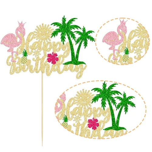 Vista 3 de Gyufise 1 decoración de pastel de flamenco con purpurina para decoración de pastel de flamenco para decoración de pastel hawaiano Luau tropical piña