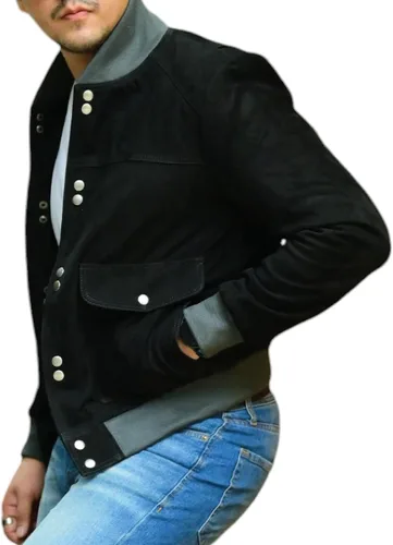 Vista 7 de Jild Varsity Style Leather Bomber Jacket Men - Chaqueta de cuero de gamuza real de moda casual MA-1 para hombre