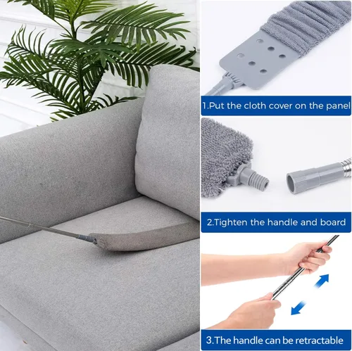 Vista 3 de Limpiador de polvo de microfibra, artefacto de limpieza de polvo de huecos con poste de extensión y cabezal flexible, plumeros extensibles lavables