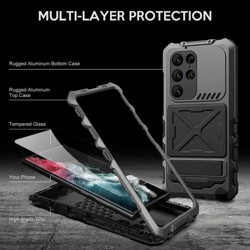 Vista 3 de Simicoo Samsung S23 Ultra - Funda de metal para parachoques, color negro, resistente Armor Defender con Gorilla Glass integrado, protección de grado