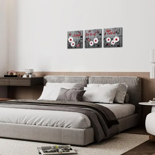 Vista 3 de SkenoArt Arte de pared de flores para dormitorio, lienzo de mariposa gris y roja, citas florales de margaritas, imágenes inspiradoras, decoración