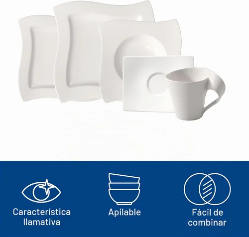 Vista 5 de Villeroy & Boch NewWave - Vajilla básica de 30 piezas, color blanco Porcelain dinnerware set, NewWave wave design, dishwasher and microwave safe