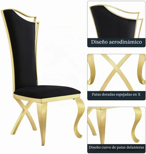 Vista 6 de ACEDÉCOR Juego de mesa de comedor de 5 piezas, mesa de comedor moderna con base en U de metal de acero inoxidable dorado, 4 sillas de comedor