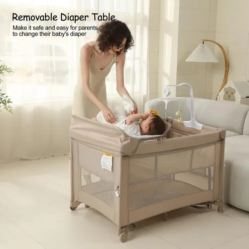 Vista 3 de Paquete y juego 5 en 1, moisés de bebé, cuna para bebé, cuna con cambiador, corral de viaje plegable para recién nacidos a niños pequeños (beige)