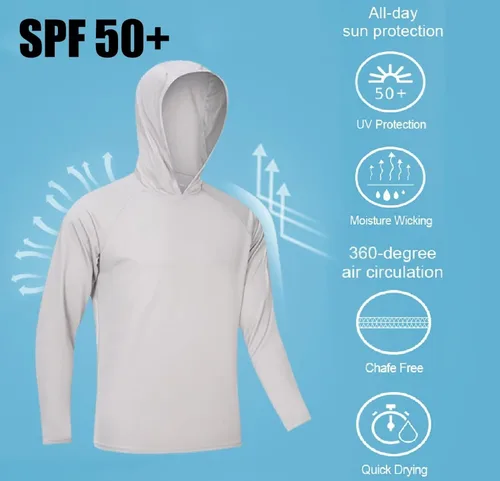 Vista 5 de KEFITEVD Camisas de sol para hombre, manga larga, con capucha, protección UV, senderismo, atletismo, secado rápido