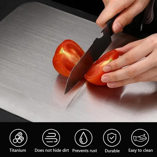 Vista 5 de Tabla de cortar de titanio, tabla de cortar de titanio 100% puro para cocina, antiadherente, de doble cara y de grado alimenticio, tablas de cortar