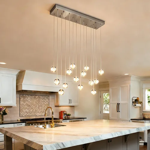 Vista 13 de Lámparas colgantes de oro cepillado de 4 luces para isla de cocina moderna, lámparas colgantes de globo de cristal para comedor sobre mesa, lámparas