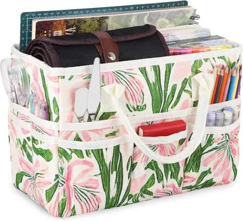 Vista 19 de Bolsa de mano organizadora de manualidades con múltiples bolsillos, gran caddy de almacenamiento de arte con asas para arte, manualidades, costura