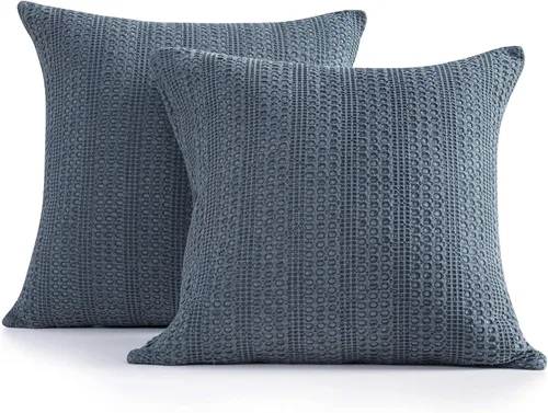 Vista 8 de Juego de 2 fundas de almohada decorativas de 18 x 18 pulgadas, fundas de almohada decorativas bohemias de algodón lavado a la piedra para sofá, Azul