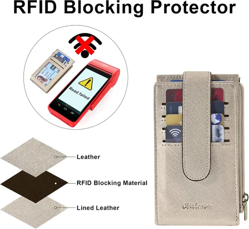 Vista 6 de Chelmon Billetera de mujer delgada con bloqueo RFID, billetera plegable con varios compartimientos para tarjetas con bolsillo con cierre, Dorado
