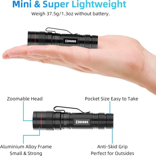 Vista 5 de COSOOS 3 linternas LED tácticas mini con clip, linterna AA brillante zoomable de 3.7 pulgadas de alto lúmen, linterna de bolsillo tamaño pluma, 1
