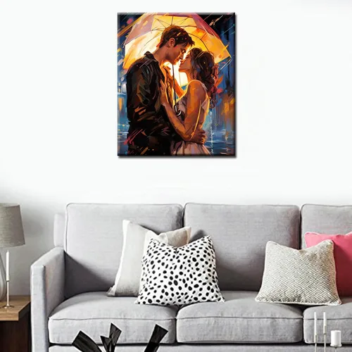 Vista 3 de Kits de pintura romántica por números para parejas con pinceles y pigmento acrílico sobre lienzo para adultos, niños y niñas bajo un paraguas