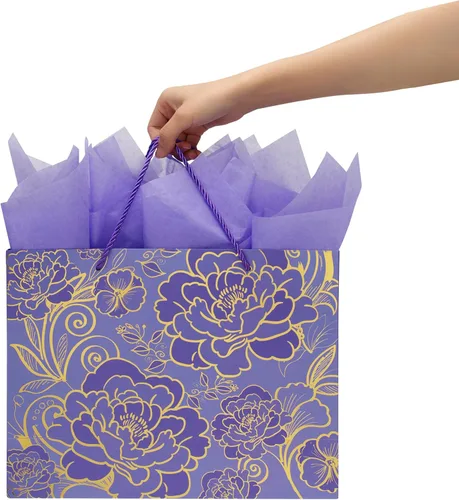 Vista 6 de Qirrmiy - Set de bolsa de regalo grande de 13" en color rosa púrpura con tarjeta de felicitación y papel de seda para mujeres o niñas para celebrar
