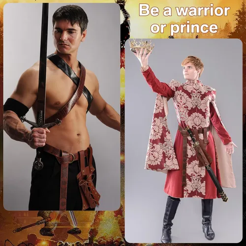 Vista 4 de Accesorio vikingo medieval de Halloween, cinturón de espada de cuero, espada de rana con cinturón, cinturón de soporte de espada de caballero