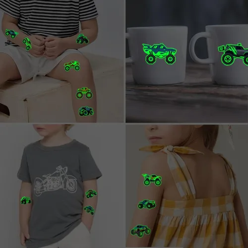 Vista 5 de CHARLENT Tatuajes temporales luminosos de camión monstruo para niños, 12 hojas que brillan en la oscuridad, tatuajes de camión monstruo para niños