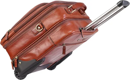 Vista 4 de Maletín de cuero genuino para computadora portátil con ruedas marrón, Canela, Tradicional
