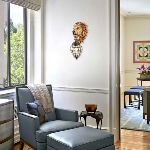 Vista 7 de Apliques de decoración de pared con cabeza de león, apliques de cristal barroco retro, lámparas de pared de lujo doradas para sala de estar