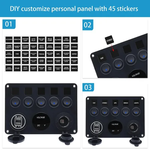 Vista 5 de KAOLALI Panel de interruptores de palanca de 5 bandas, panel de interruptores marinos automotrices, panel de interruptores impermeable de 12 V