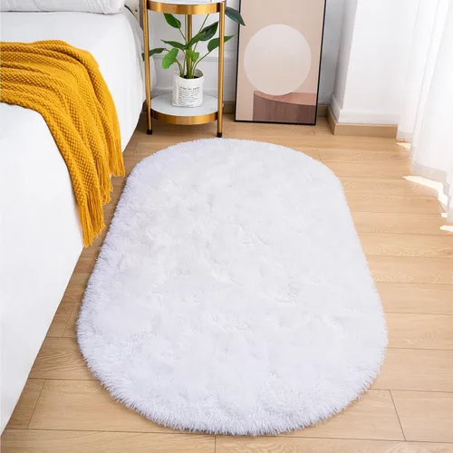 Vista 11 de Goideal - Alfombra esponjosa de dormitorio, alfombra pequeña ovalada, alfombra negra peluda para mesita de noche, ideal para habitación infantil
