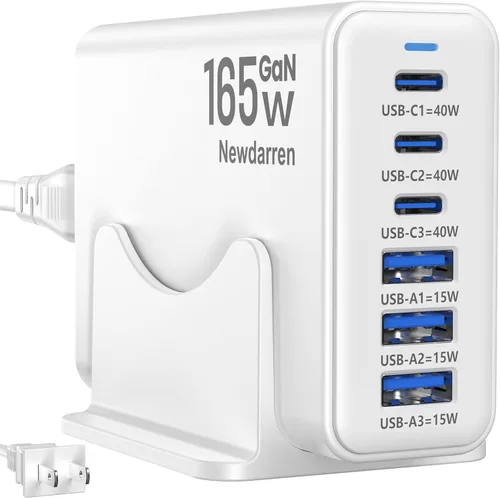 Vista 14 de Estación de carga de 165 W, cargador de escritorio de 6 puertos, 3 puertos 40 W, color negro Multi-Device Charger, 3 PD USB C 40W and 3 15W USB A