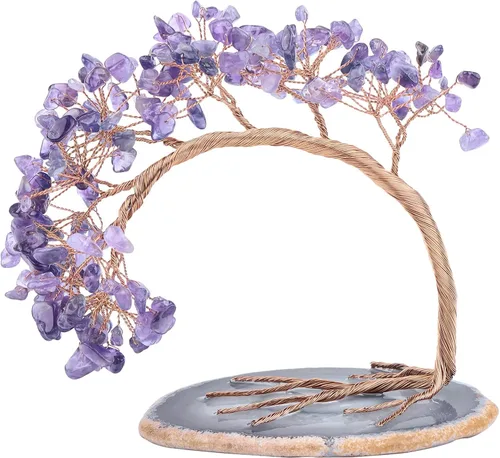 Vista 18 de Nupuyai Árbol de dinero de cristal curativo de alambre de cobre de 3-4 pulgadas para la buena suerte, base de rodajas de ágata bonsái, decoración