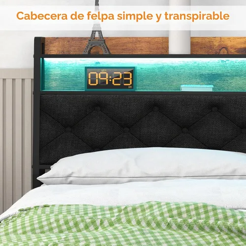 Vista 7 de Winkalon Base de cama matrimonial con cabecera ergonómica, base de cama de plataforma con luces RGB, tomas de corriente y cargador, cama de montaje