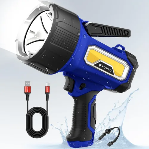 Vista 10 de FORTO Foco recargable, 200000 lúmenes, luz de mano con soporte plegable, 6 modos IPX7, impermeable, luces LED para pasear al perro, caza, camping