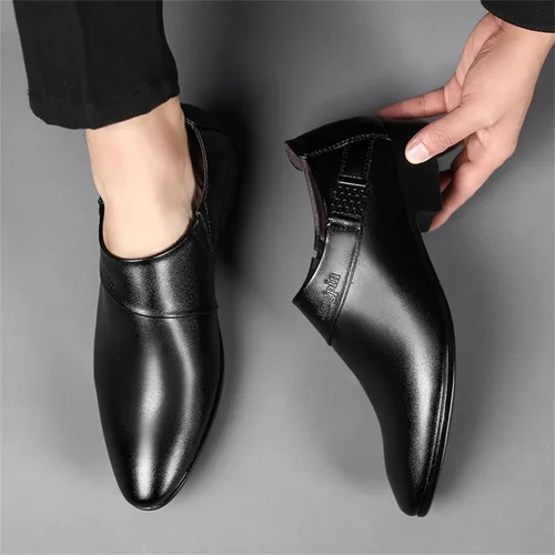 Vista 4 de Zapatos de vestir de esmoquin de cuero para hombre, clásicos, sin cordones, formales, estilo Oxford, a la moda, casual, de cuero, puntiaguda