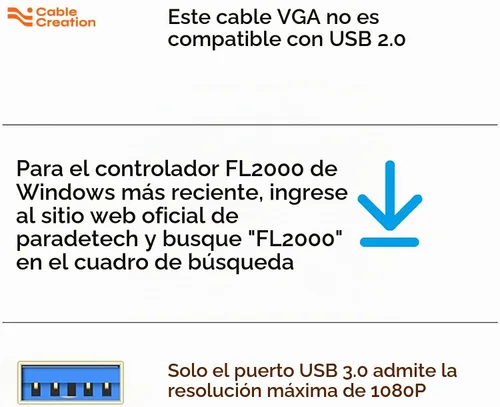 Vista 3 de CableCreation Cable USB 3.0 a VGA de 6 pies, cable adaptador VGA a USB 1080P @ 60Hz, tarjeta de video externa, solo compatible con Windows 10/8.1/8