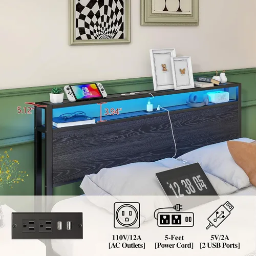Vista 6 de BOFENG Base de cama Queen con cabecera de almacenamiento, marco de cama de plataforma de metal tamaño Queen con luces LED, estación de carga,