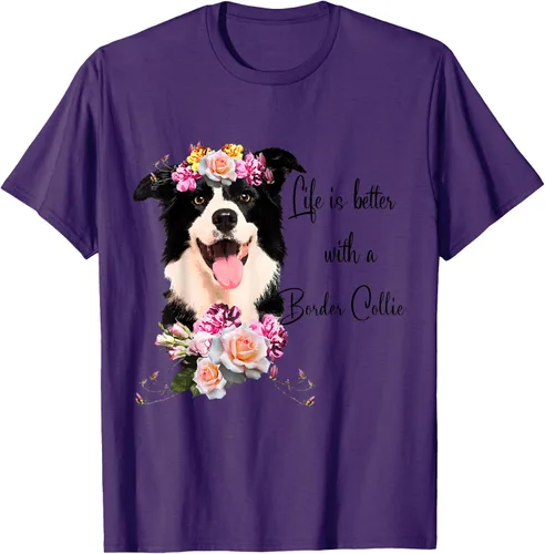 Vista 74 de Life is Better With a Border Collie - Camiseta de perro lindo con flores, gris, S Gris Oscuro